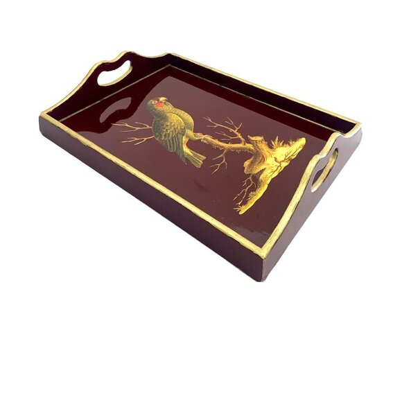Tray with Bird Parrot Design Vintage Laquard Wood & Golden Accent Gift Decor - Picture 1 of 4